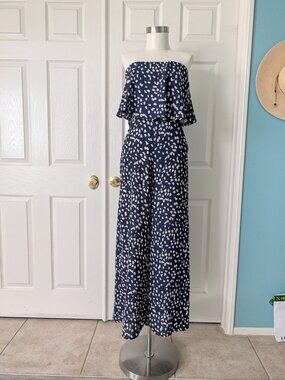 She & Sky Blue/white Tube Top Ruffle Jumpsuit spotted Strapless Wide Leg Sz S